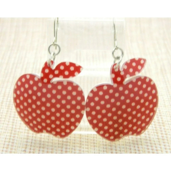 Apple Burgundy Polka Dot Large Acrylic Dangle Earrings Vintage - Picture 1 of 4
